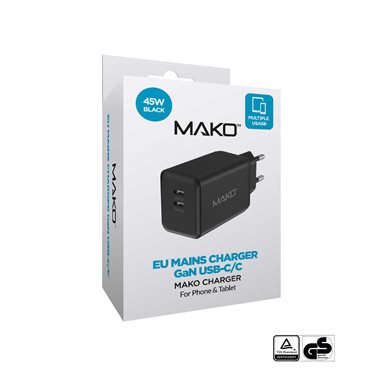 MAKO USB-Charger 100-240V 2x USB-C max. 45W Mako 45W GaN Charger USB-C/USB-C Black
